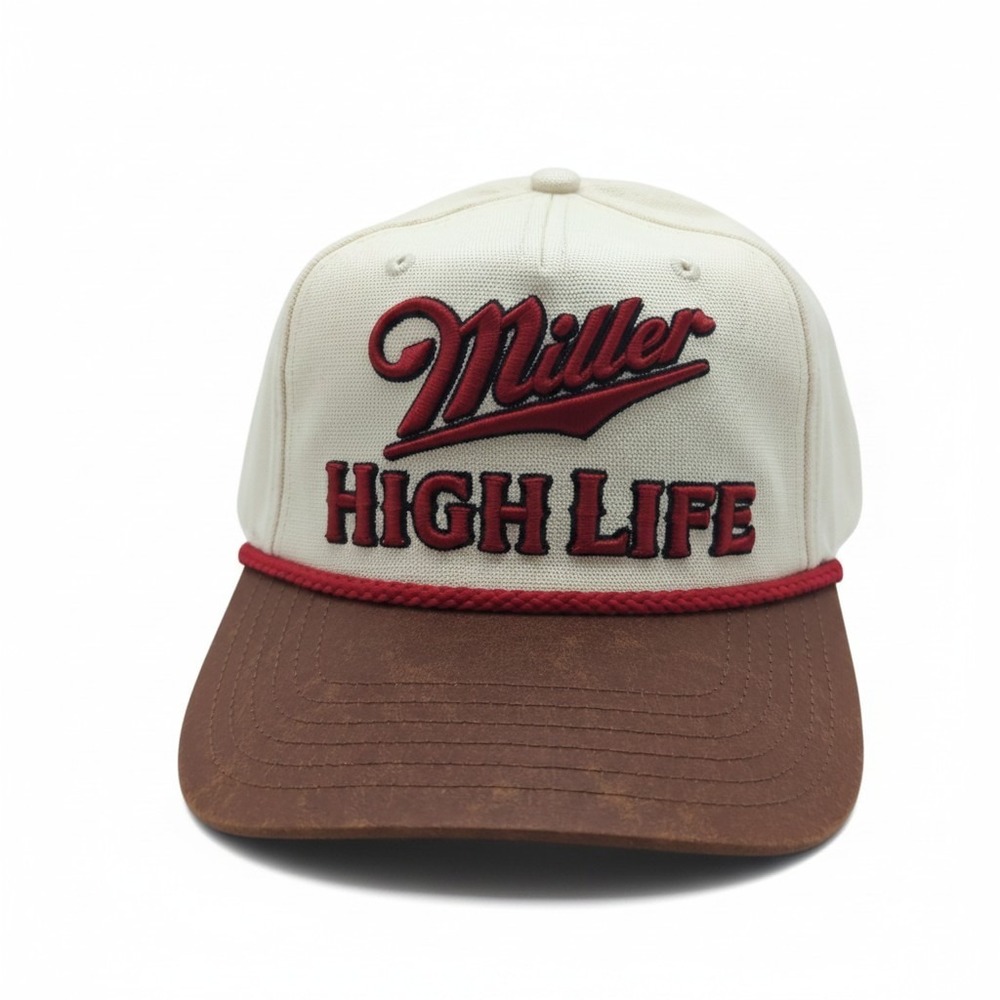 Miller High Life Snapback Hat Mad Engine Cream Brown Faux Leather Rope Cap NEW
